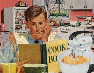 cartoon of a man reading a cook book 