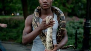 man with snake as scarf