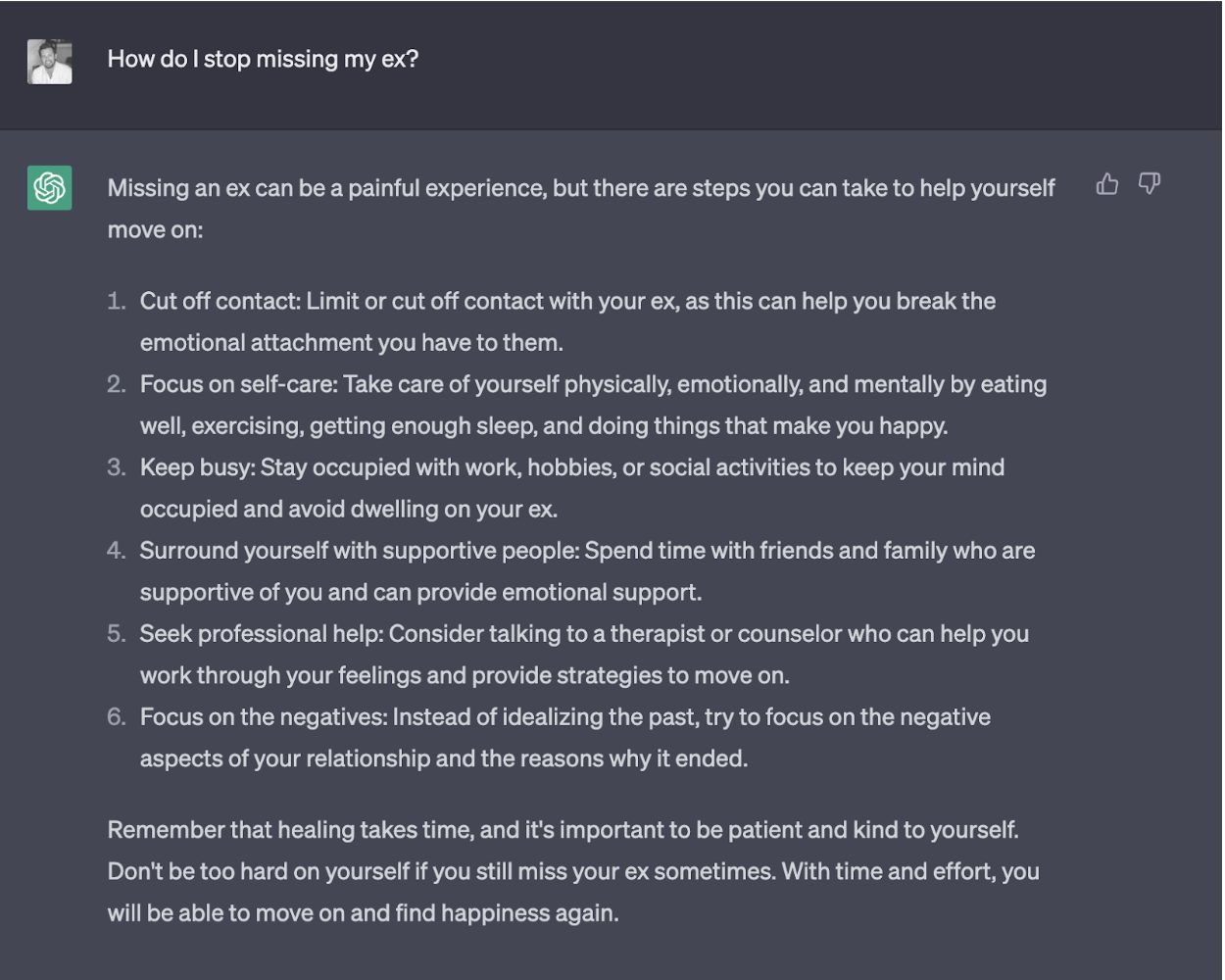 How do I stop missing my ex ChatGPT answer